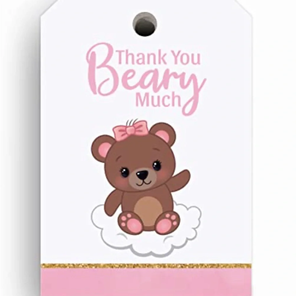 Pink Baby Shower Thank You Beary Much Teddy Bear Favor Tags ~ 60 Pack